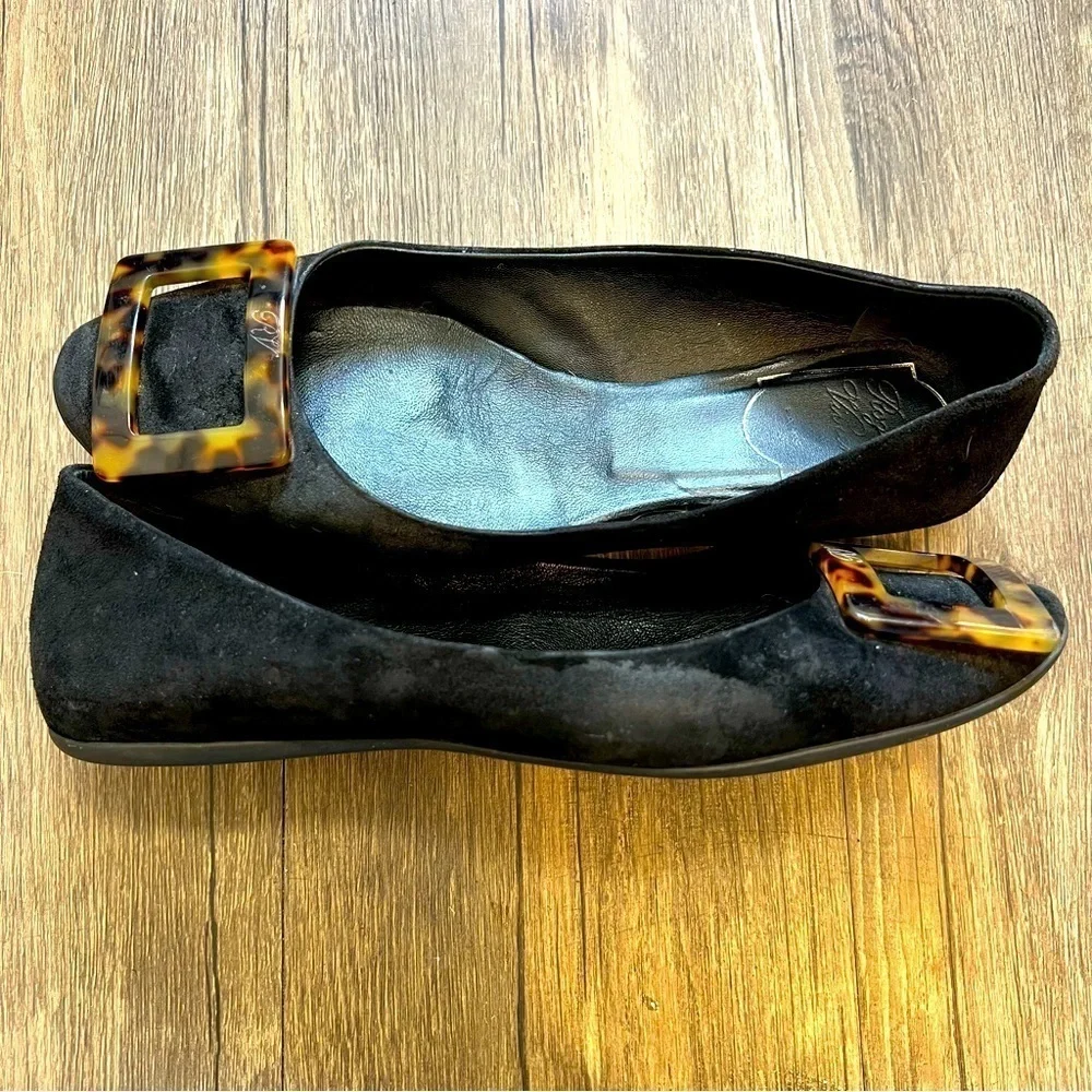 Roger Vivier Black Suede Tortoiseshell Buckle Ballerina Flats Shoes Holidays 6